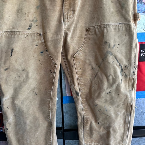 Carhartt Tan Distressed Double Knee Paint Stains Work Pants 1990s USA 36x32 - Picture 2 of 7